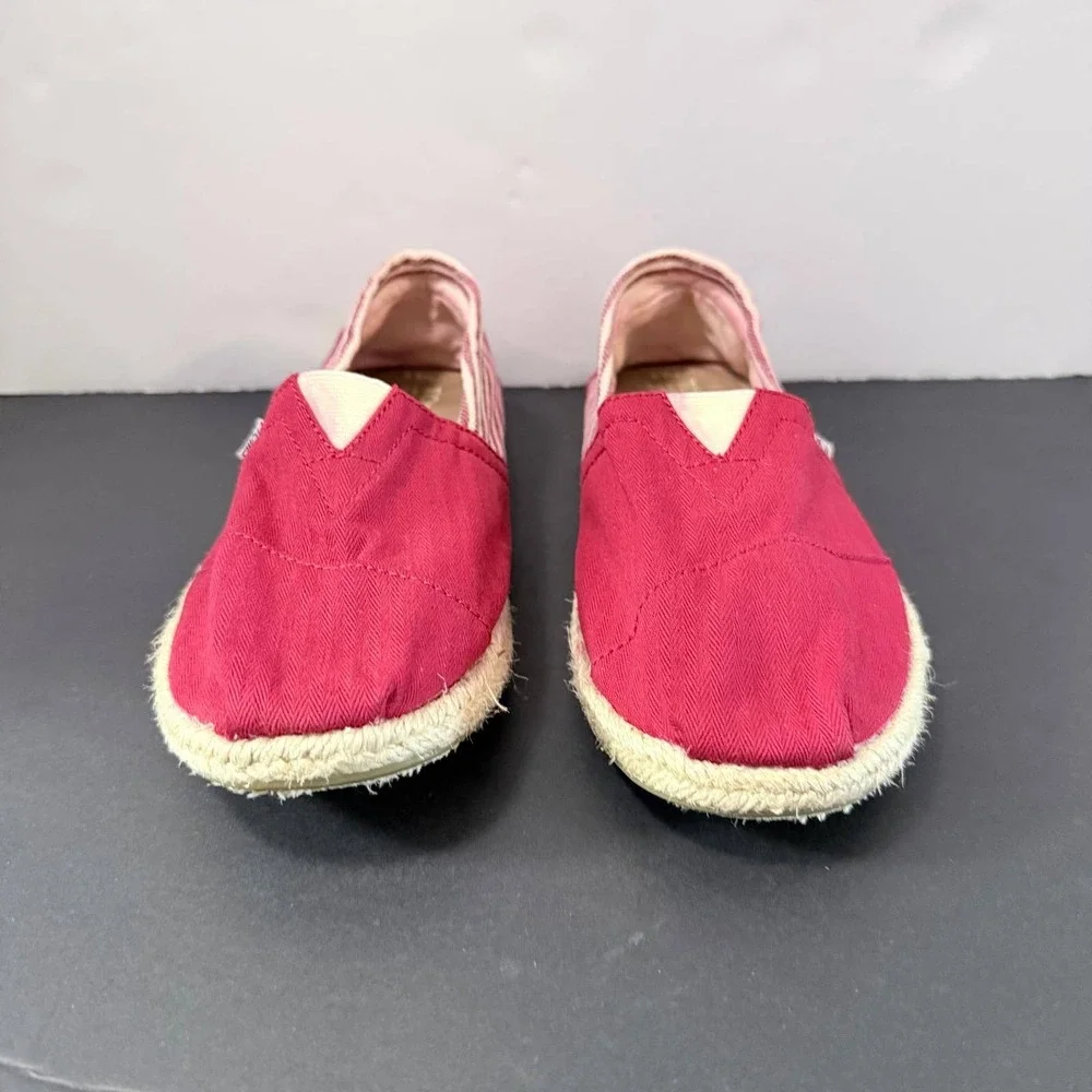 TOMS Red Herringbone Canvas Espadrille Alpargata Flats Striped Heel Womens 7.5